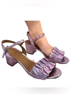 EMMA GO METALLIC PURPLE LEATHER RUCHED TOE ANKLE STRAP HEELS (37)